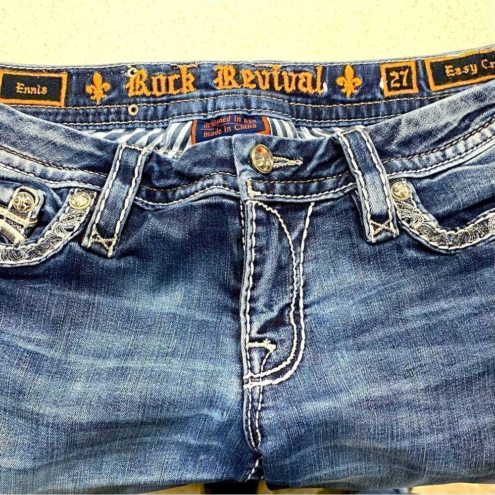 Rock Revival Low Rise Easy Crop Jeans 27x27.5 Distressed Stretch EUC - Picture 9 of 12